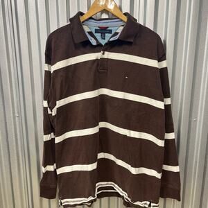 VTG Y2K Tommy Hilfiger Brown and Cream Striped Long Sleeve Polo Shirt SZ XL